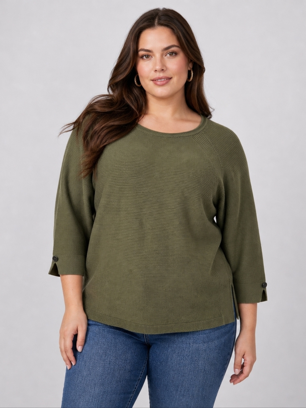 Women's Size XL CHRISTOPHER & BANKS Olive Green 3/4 Sleeve Ribbed Sweater
